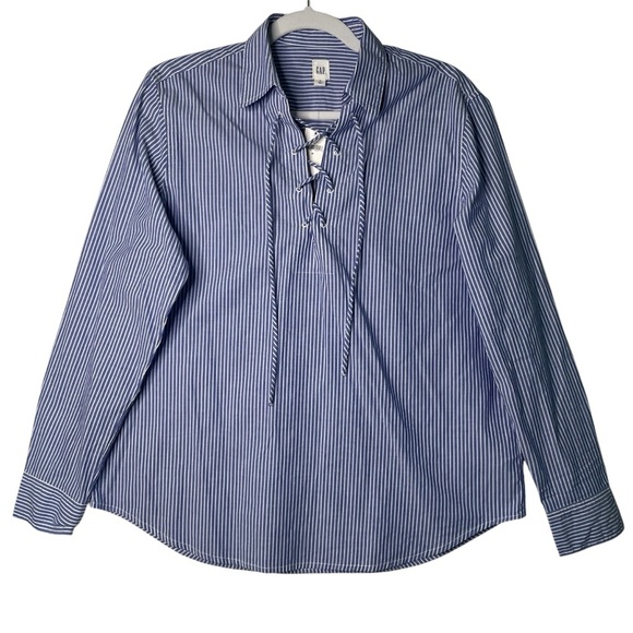 NWT Gap Blue Striped Lace Up Long Sleeve Shirt Sz M - Picture 1 of 10